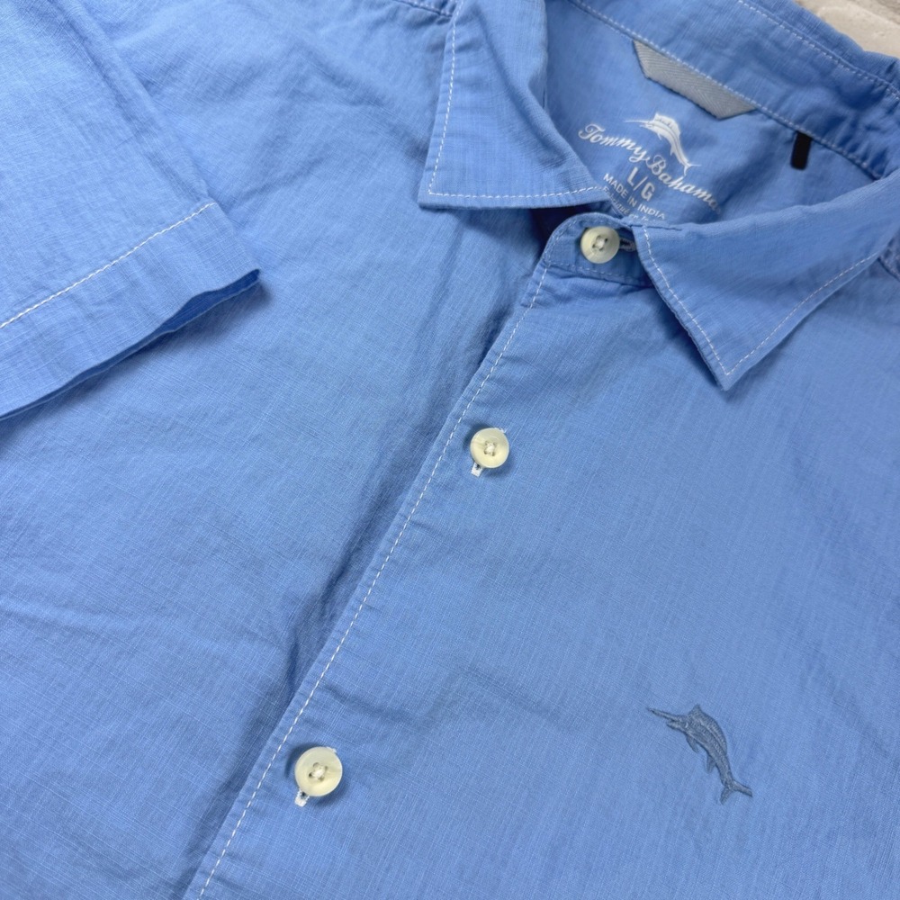 Tommy Bahama Shirt Mens L Blue Short Sleeve Cotton Button Down Marlin Logo EUC
